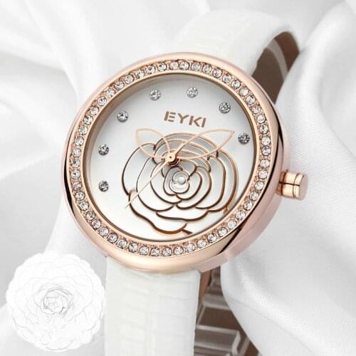 Luxury Eyki Brand Ladies Genuine Leather Quartz Watches Relief Flowers Gold Plated Dial Wristwatches For Women Relogio Feminino