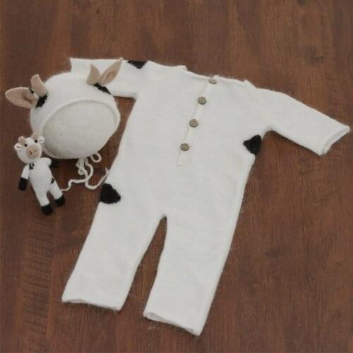 3 Pcs Baby Knitting Cow Hat Animal Doll Romper Set Handmade Crochet Mohair Beanies Bodysuit Newborn Photography Props