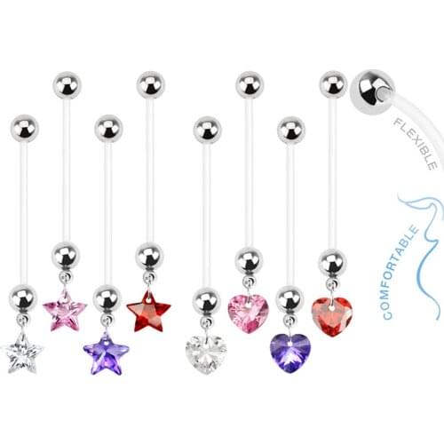 Long Flexible Bioplast Pregnancy Belly Ring with CZ Star & Heart Crystal Zircon Navel Piercing Body Jewelry