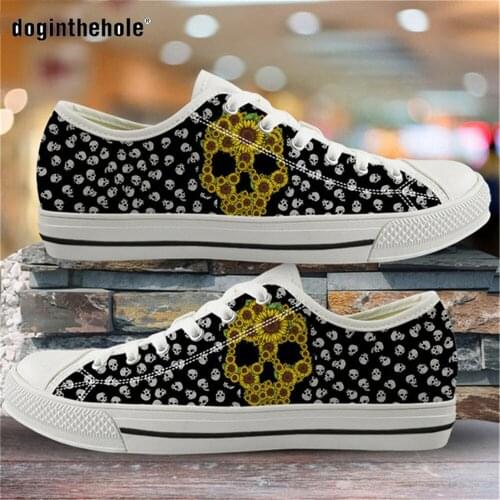 Doginthehole Sugar Skull Pattern Woman Shoes Sneakers 2020 New Spring/Autumn Low Top Shoes Light Ladies Shoes Black White