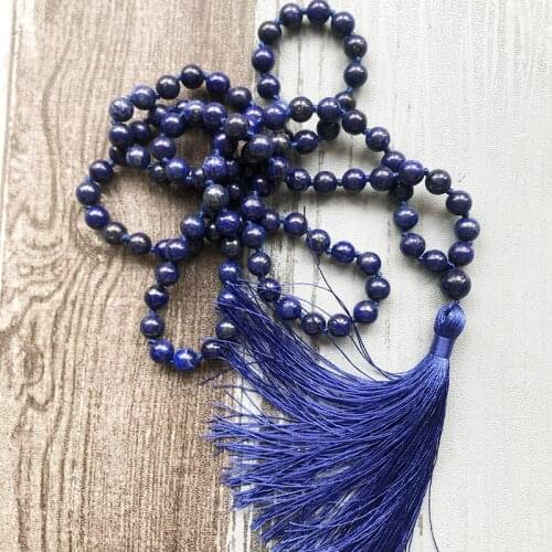 Customized Fancy Blue Tassel Mala Necklace for Holiday Gift Men 8MM Bead Healing Meditation Lapis Knotted Necklace Lapis Jewelry