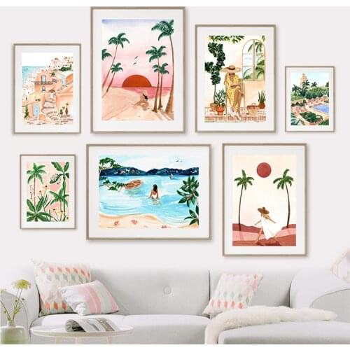 Italian Shore Sunset Beach Lemurs Moroccan Girl Canvas Painting Posters And Prints Wall Art Pictures For Living Room Decor