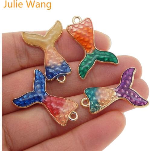 Julie Wang 5PCS Enamel Mermaid Tail Charms Mixed Colors Gold Tone Bracelet Necklace Alloy Pendant Jewelry Making Accessory