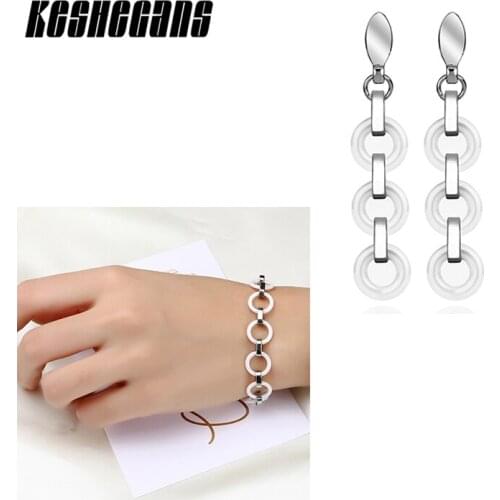 White Ceramic Jewelry Set 3 Circle Drop Earrings And Circle Stainless Steel Bracelet For Women Elegant Fashion Party Jewelry