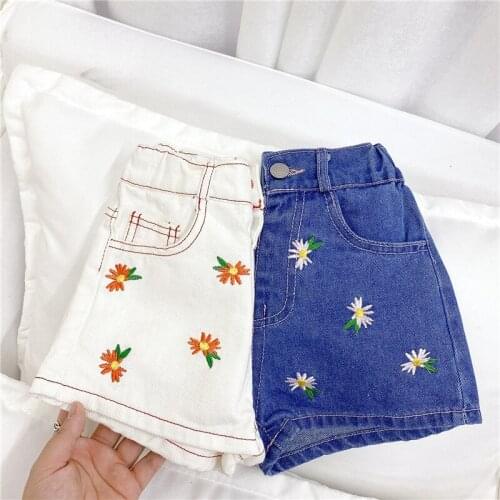 New Arrival Girls Summer Flower Denim Jeans Elastic band Short Toddler Kids Buttons Shorts Baby Hot Trousers Pants