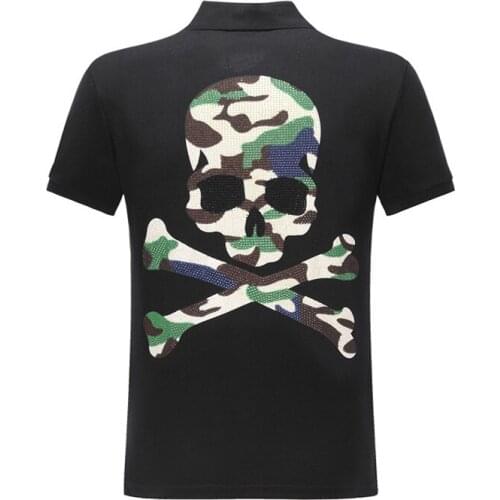 Polo Men Shirt Short Sleeve High Quality Cotton Street Casual Men Tops 3D Rhinestone Skull Print Plein Polo Shirt Streetwear