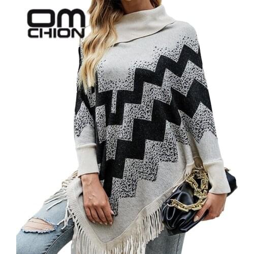 OMCHION Korean Style Shawl Cloak Sweater Women Half Open Neck Batwing Sleeve Loose Poncho Coat Retro Patchwork Knitwear Winter