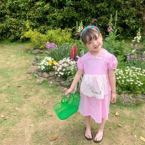 Summer New Korean style girls sweet dress with lace collar girls plaid short sleeve dress for cute baby girls