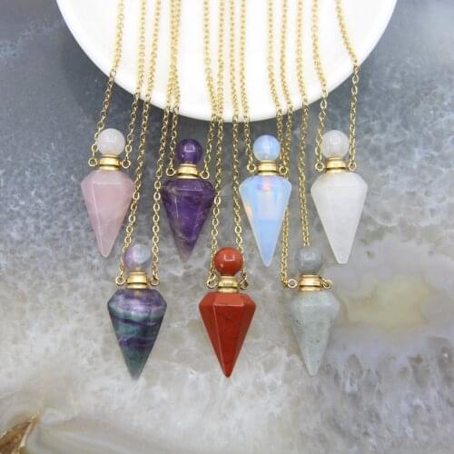 Natural Quartz Crystal Faceted Point Pendulum Perfume Bottle Pendant Necklace,Golden Chain Essential Oil Diffuser Vial Jewelry