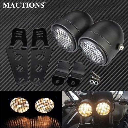 Motorcycle Front Dominator Mesh Grill Twins Dual Headlight Double Headlamp Lamp W/ Bracket For Harley Cafe Racer Chopper Bobber