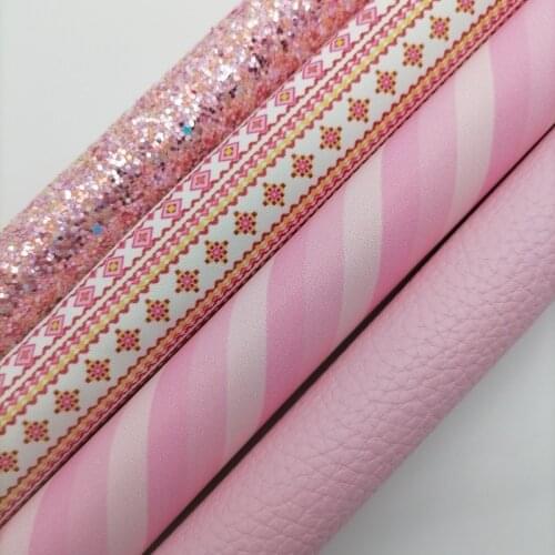 Pink Chunky Glitter leather, Stripes Printed Faux Leather, Litchi Embossed vinyl Fabric For Bow A4 21x29CM Twinkling Ming KM112