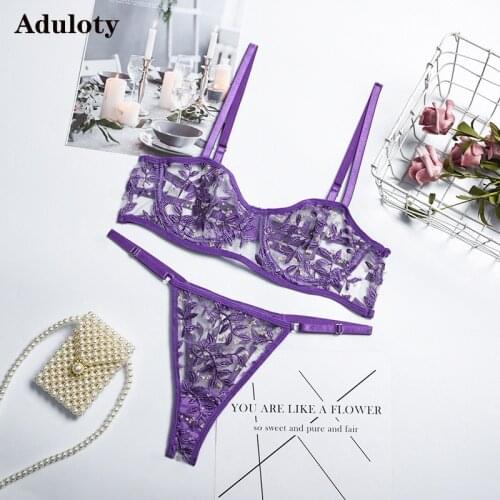 Sexy Multi Color Adjustable Underwear Hollow Transparent Embroidery Womens Ultra thin Gathered Erotic Lingerie Bra Thong Suit
