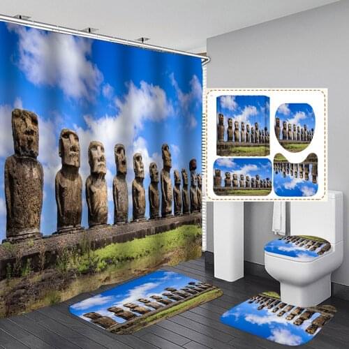 Easter Island Fabric Shower Curtains 3d Moai Bathroom Curtain Anti-skid Rugs Carpet Toilet Lid Cover Bath Mat Home Decor