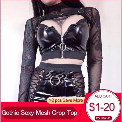 Rosetic 2020 Gothic Sexy Crop Tops Transparent Mesh Top Long Sleeve T Shirt Women Turtleneck Metal Punk Tees Streetwear Tshirt