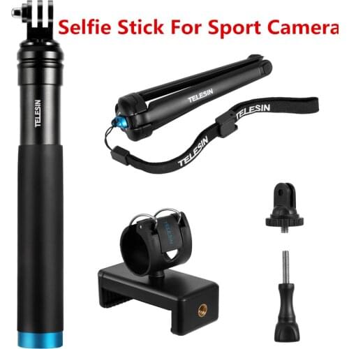 TELESIN Aluminum Alloy Extendable Selfie Stick+Tripod Stand+Phone Clip for GoPro Hero 9 8 7 SJCAM Osmo Action camera Accessories
