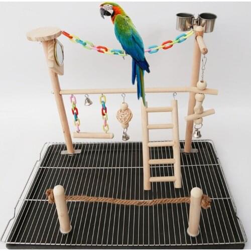 Parrot Bird Mirror Play Stand Cockatiel Playground Wood Perch Gym Ladder Feeder Cups Swing Climbing Exercise Toys