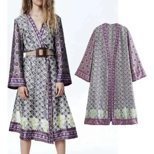 Za Women Kimono Dress 2021 Floral Print Loose Summer Beach Kimono Dreesses Woman Fashion Side Slits Hem Vintage Vestidos