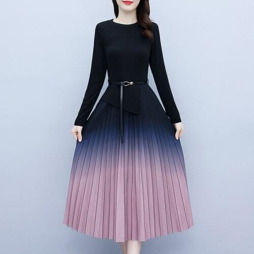 Women Knit Elegant Pleated Dress Autumn Winter Belt Lace Up Multi-size O-neck Vestidos Female Trend Evening Party Dress Robe