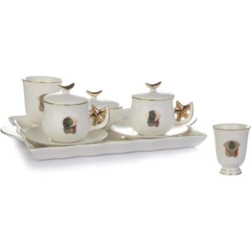 Acar Bamboo Tray Coffee Set 14 Pcs- 6 Cups 6 Pcs Cup Pads 1 Pc of Marshmallows 1 Pc Bamboo Service Tray