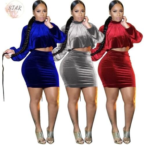 Velvet Sets for Women Skirt Two Piece Club Outfits Turtleneck Top Short Draped Skirts Sexy Matching Set Wholesale Dropshipping