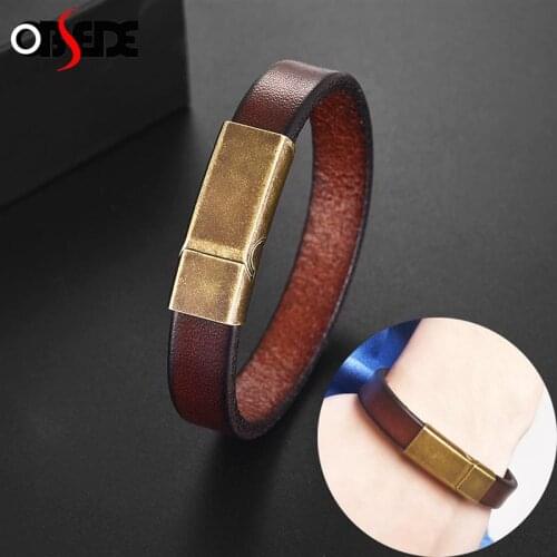 Vintage Brown Genuine Leather Mens Bracelet Stainless Steel Magnetic Clasp Man Bracelets Fashion Punk Rock Male Jewelry Gift