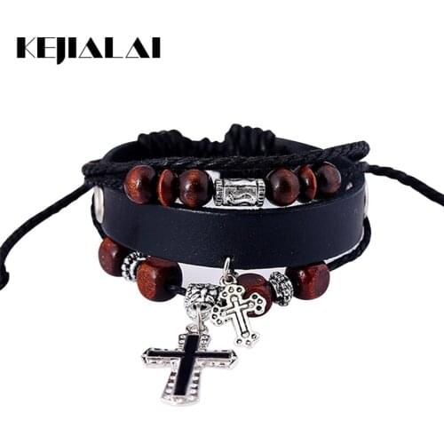 Kejialai Men Leather Cross Bracelet Vintage Handmade Punk Bangle Cuff Genuine Leather Wooden Bead Charm Bracelets Women