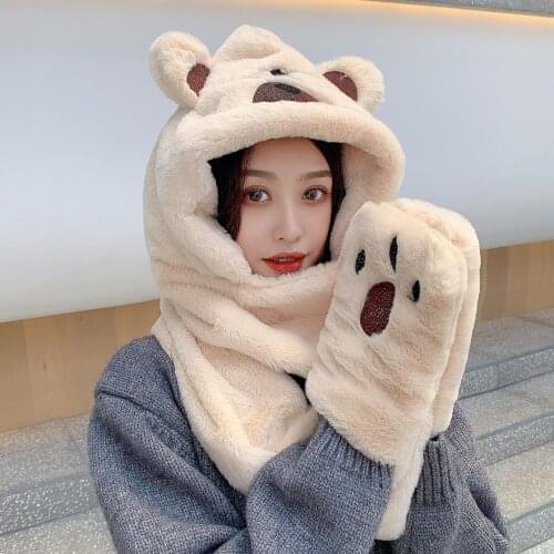 3in1 Hat Bear Gloves Scarf Set With Earflaps Warm Winter Womens Scarf With Cap Faux Lamb Wool Girls Cute Ears Hats Snood