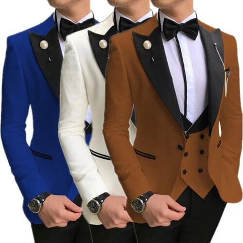 Suit Vest Pants 3 Pcs Set / Fashion Mens Casual Business Wedding Jacket Personality Contrast Black Collar Blazers Trousers