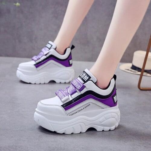 Trending Woman PU Platform Sneakers 7CM Heel Height Women Walking Shoes Stylish Thick Sole Ladies Height Increasing Sports Shoes