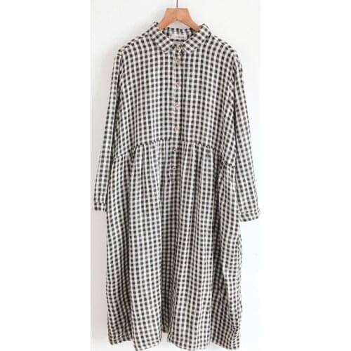 Lamtrip Casual Soft Cotton Yarn Loose Plaid Peter Pan Collar Long Sleeve Dress 2021 Spring Mori Girl