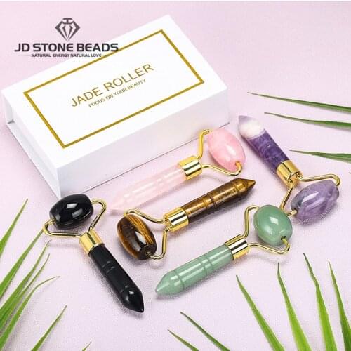 Wholesale Natural Stone Jade Massage Roller Stick Face Eye Nose Massage Amethyst Tiger Eye Stone With Box Print Logo Customized