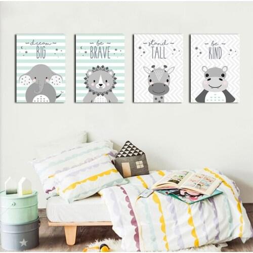 Cartoon Animal Lion Giraffe Elephant Poster And Print Nursery Quote Canvas Painting Be Brave Letters Wall Art Picture Home Decor
