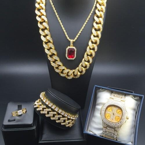 Hip Hop Men Necklace Luxury Men Watch & Necklace & Pendant & Bracelet & ring Combo Set ice out watch Hip Hop Jewelry Set For men