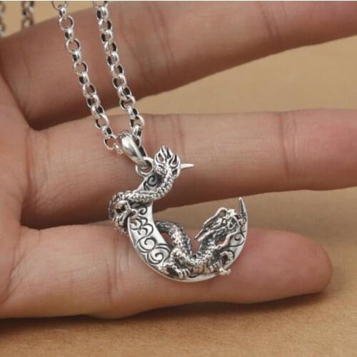 Pure 100% 925 Sterling Silver mens Dragons Moon Pendant Vintage Punk Thai silver Pendant Necklace Fine Jewelry