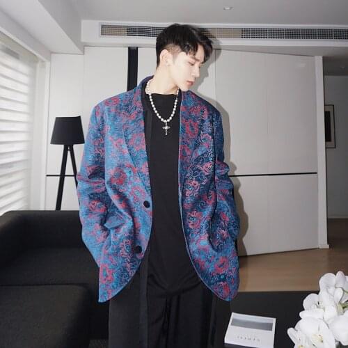 Men Vintage Jacquard Pattern Loose Casual Blazers Suit Jacket Male Retro Streetwear Suit Coat Blazer Stage Fashion Show Clothing