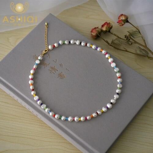 ASHIQI 7-8mm Natural Freshwater Baroque Pearl Necklace Fashion Colorful Beads Girl Gift with Gold-plated Buckle