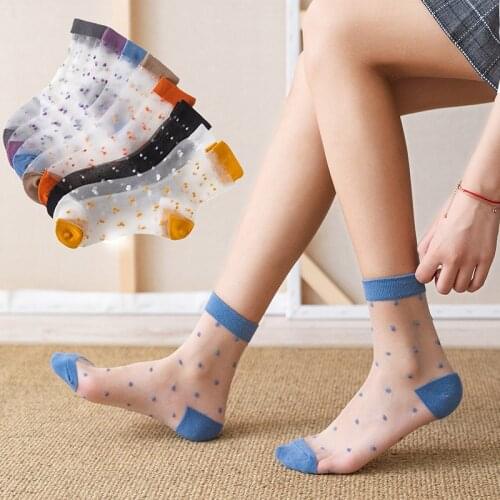 4 Pairs Pack Summer Transparent Casual Women Long Socks Thin Polka Dot Cute Candy Color Girls Socks Breathable Thin Soft Socks