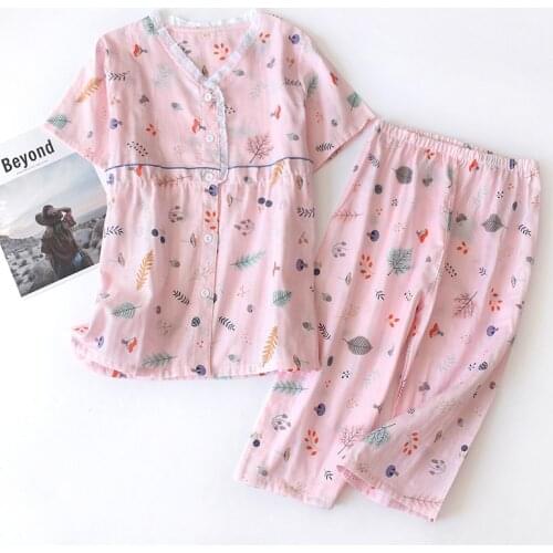 The New Cotton Ladies Pajamas Short-sleeved Summer Cold Silk Pajamas Two-piece Cotton Double Yarn 7 Minutes of Pants At Home