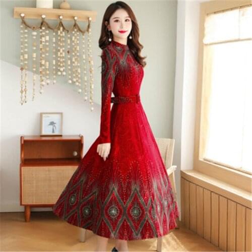 Autumn winter Plus Size Womens Dresses Ethnic Style Slim Women Long Dress Velvet Print Female Dress Elegant Ladies Formal Dress