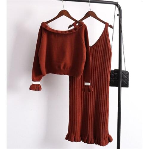 Autumn Knitted Dresse Two Pieces Women Knitting Spaghetti Strap Dress+Long Sleeve Sweater Tops Vestidos Winter Bottomings WZ534