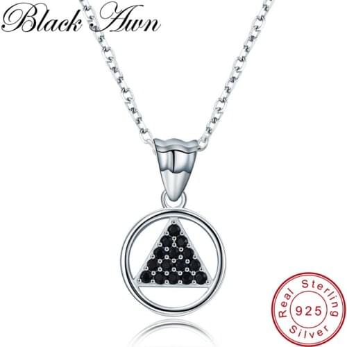 [BLACK AWN] 100% 925 Sterling Silver Jewelry Necklace for Women Black Spinel Slide Necklaces Pendants P188