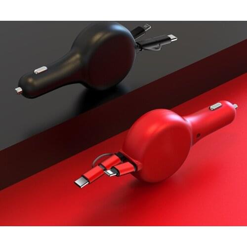 Useful Phone Accessories Fast Charging Car Charging Adapter Retractable Micro-USB/Lightning+Type-C Charging Cable