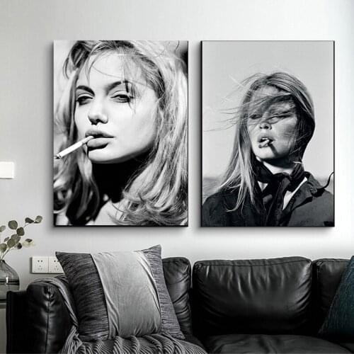 Angelina Jolie Sexy Hot Movie Star Super Model Black White Smoking Art Painting Vintage Canvas Print Poster Wall Home Decoration