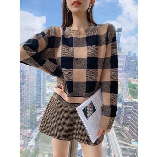 Luxury French Design 2021 Fall Winter Cashmere High Quality Brown Plaid Sweater