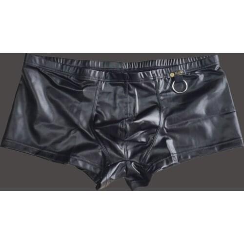 Sexy Men Faux Leather Cock Ring Boxer U Convex Pouch Shiny Boxers PU Sexy Underwear Sheathy Male Stage Gay Wear Plus Size F10