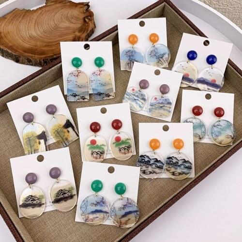 Chinese Style Landscape Painting Earrings Retro Temperament All-match Hanfu Earrings Personalized Acrylic Long Earrings Gift