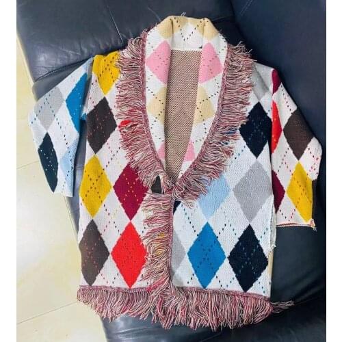 Spring High 2021SS Quality Women Luxury Plaid Tassel Knitted Cashmere Cardingas Coat Female Fashion Casual Sweater