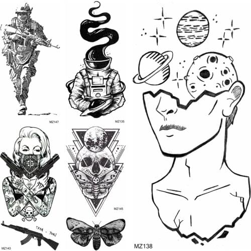 DIY Galaxy Face Temporary Tattoos Black Geometric Death Skull Gangster Tatoos Waterproof Soldier Moth Tatoos For Adult Body Art