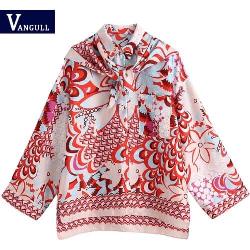 Vangull Vintage Floral Print Casual Shirts Women Summer New Female Long Sleeve Thin Loose Blouse With Scarf Chic Long Tops Shirt