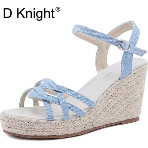 Women Wedges Sandals Summer Blue Platform Sandal Women Casual Shoes New Thick Bottom Ankle Strap High Heel Sandalias Espadrilles
